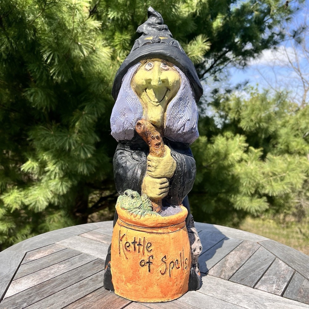 Halloween Whimsical Witch 16" Cauldron Kettle of Spells Bat Frog Cat Telle Stein
